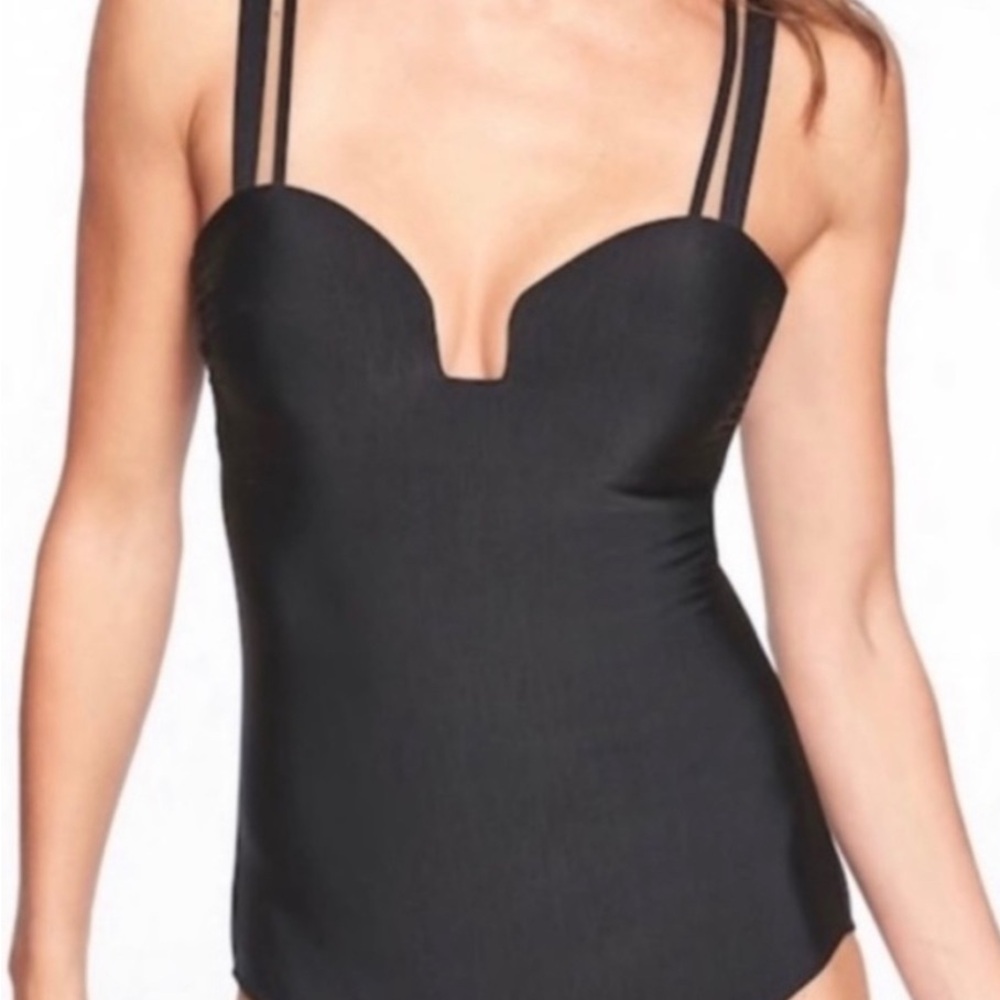 ATHLETA aqualuxe square plunge black one piece swimsuit